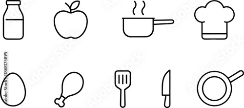 Food and cooking icons set. Kitchenware, ingredients, meal preparation outline symbols
