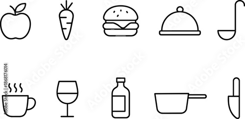 Food and cooking icons set. Kitchenware, ingredients, meal preparation outline symbols