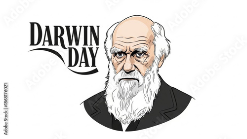 Charles Darwin portrait illustration for Darwin Day celebrating science and evolution isolated on white background