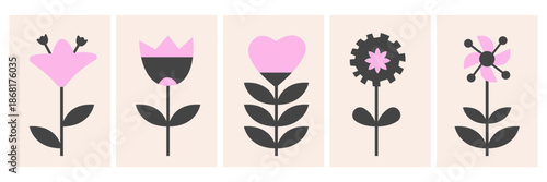 Scandinavian flowers set. Nordic floral design element. Pink and gray geometric folk flowers