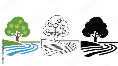A graphic illustration of trees and water in different colors and styles