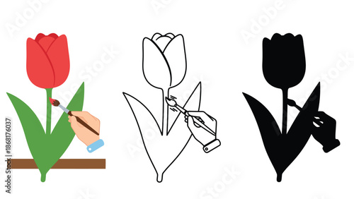 A hand drawing a colorful tulip flower in various artistic stages and styles.