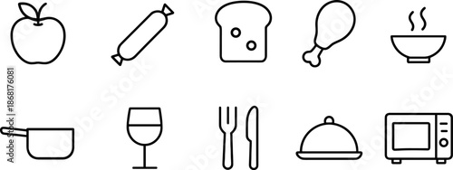 Food and cooking icons set. Kitchenware, ingredients, meal preparation outline symbols