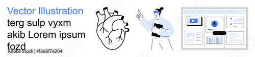 Medical education, health technology, data visualization, online learning, anatomy studies, professional guidance. A doctor points at a heart diagram alongside data charts. Medical education