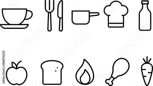 Food and cooking icons set. Kitchenware, ingredients, meal preparation outline symbols