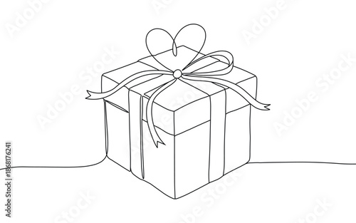 Gift box one continuous line art drawing with ribbon bow and heart shape minimal sketch style