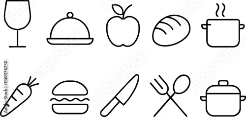 Food and cooking icons set. Kitchenware, ingredients, meal preparation outline symbols