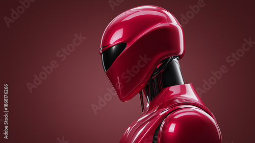 Futuristic red humanoid robot in sleek armor symbolizing artificial intelligence, power, and advanced cyber technology.
