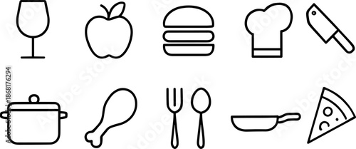 Food and cooking icons set. Kitchenware, ingredients, meal preparation outline symbols