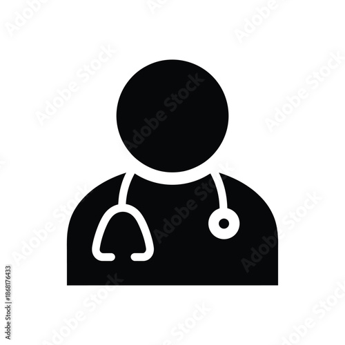 Simple black and white icon of a doctor with a stethoscope