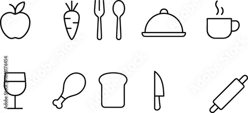 Food and cooking icons set. Kitchenware, ingredients, meal preparation outline symbols