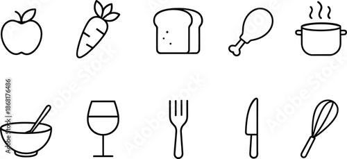 Food and cooking icons set. Kitchenware, ingredients, meal preparation outline symbols