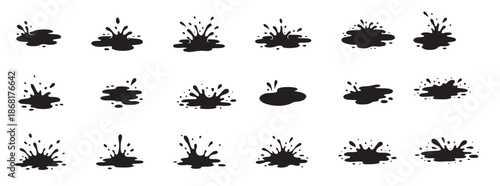 Set of black silhouette splash icons isolated on white background. Concept of liquid splatter, ink blot, paint splash, water drop, grunge element, design decoration, creative spot collection