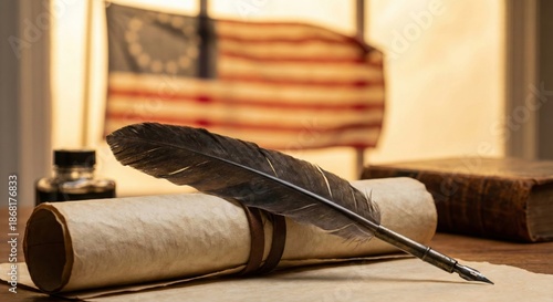 Quill Pen and Scroll with Betsy Ross Flag in Background