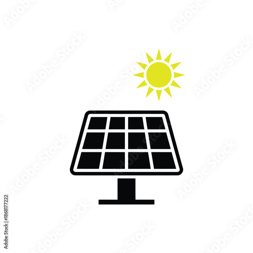Solar panel with sun icon representing renewable energy and sustainability