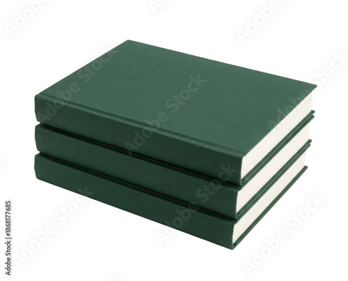 A stack of three green books with a smooth cover and white pages, neatly arranged.