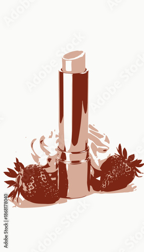 Luxurious Lip Balm in Elegant Gold Tube Surrounded by Fresh Strawberries and Whipped Cream for a Perfect Blend of Beauty and Indulgence