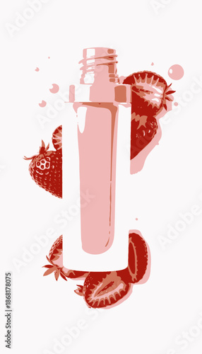 Luxurious pink lip gloss bottle surrounded by vibrant fresh strawberries, exuding a fruity and elegant cosmetic appeal with a touch of natural beauty.