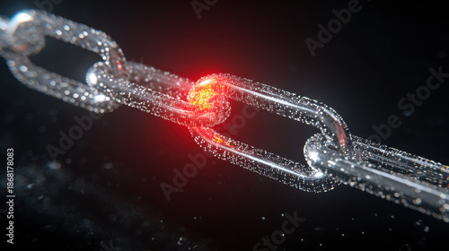 Digital blockchain chain link glowing red with instability