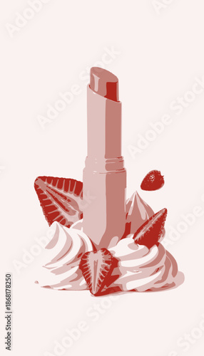 Elegant Pink Lipstick Surrounded by Creamy Swirls and Fresh Strawberries Highlighting Beauty and Freshness