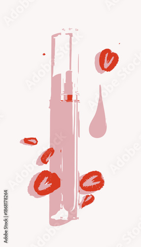 Elegant Transparent Lip Gloss Tube Surrounded by Fresh Strawberries and Glossy Spill on a Clean White Background
