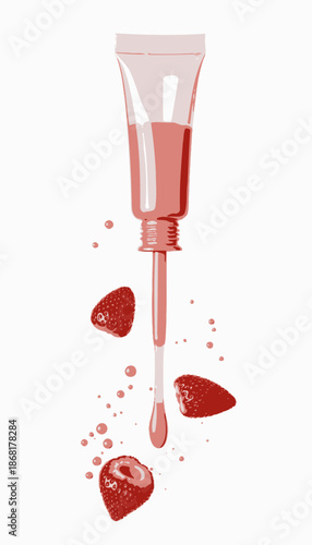 Vibrant strawberry-flavored liquid lipstick in a transparent tube with realistic, fresh strawberries creating an enticing, fruity cosmetic composition