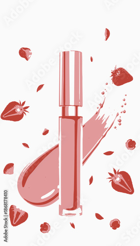 Elegant Pink Lip Gloss Surrounded by Fresh Strawberries with Glossy Shine Accents and Delicate Fruit Embellishments in a Chic Cosmetic Display