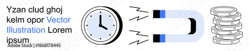 Business planning, time efficiency, wealth management, physics concepts, finance growth, economic ideas. Clock, magnet attracting and coin stack. Time efficiency and wealth management