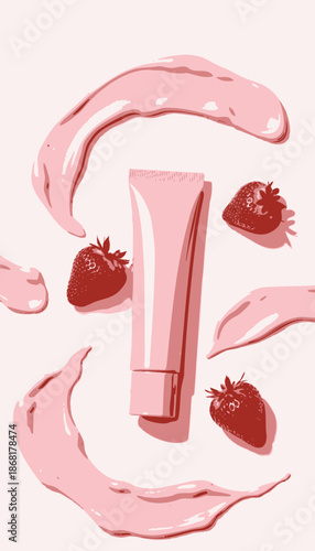Luxurious Pink Cream Tube with Fresh Strawberries and Smooth Textures for Elegant Skincare and Beauty Enhancement in a Vibrant Still Life Composition