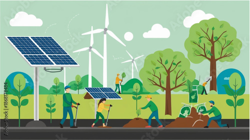 An illustrative vector depicting a group of people actively engaged in environmental conservation. The scene features solar panels and wind turbines representing renewable energy, while individuals 