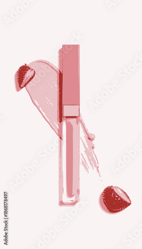Elegant Glass Lip Gloss Tube With Glossy Pink Swatch Surrounded by Fresh Strawberries on a Light Background