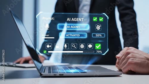 Professional activating a futuristic AI agent interface on a laptop, demonstrating smart automation and artificial intelligence for business productivity, digital transformation, and efficient task...