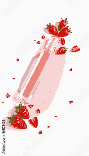 Glossy Pink Lip Gloss with Fresh Strawberries on Pure White Background Highlighting Vibrant Red Fruit Accents and Smooth Cosmetic Texture