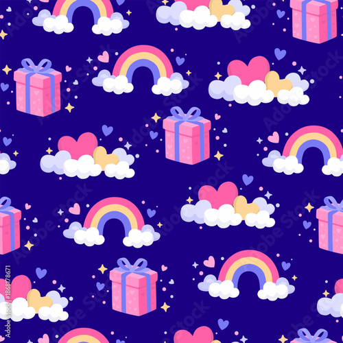 Cute seamless Valentine pattern with hearts, rainbows and gift boxes on dark background. Pastel flat illustration for wrapping paper, textile, greeting cards, kids decor and festive design.