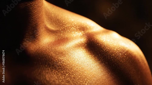 Close Up of Man's Shoulder with Golden Shimmering Tone Muscular Body with Toned Bicep Muscle and Dark Background for