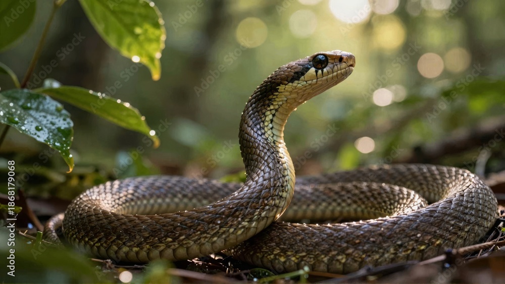 Fototapeta premium Coiled snake in forest with dewy leaves