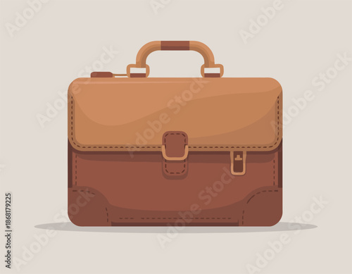 Brown leather briefcase for business, office and travel on light background
