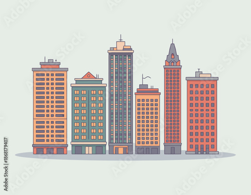 Downtown city skyline with modern buildings and skyscrapers on light background