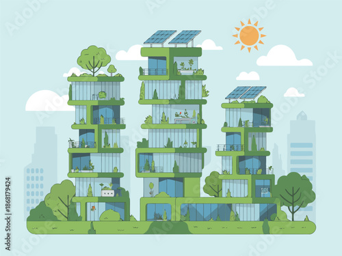 Modern green buildings with solar panels and trees in the city landscape