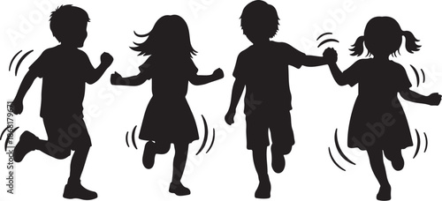 Silhouettes of happy children running together in play