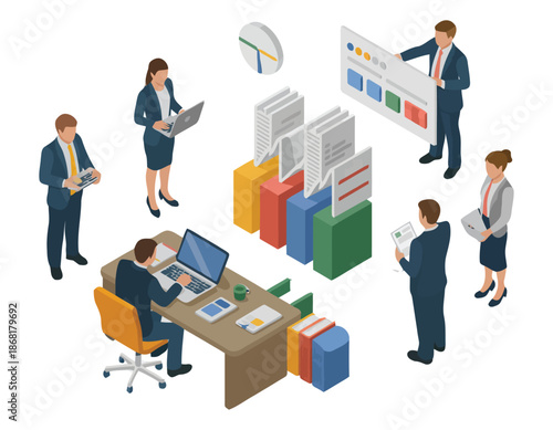 Isometric office workers team working together