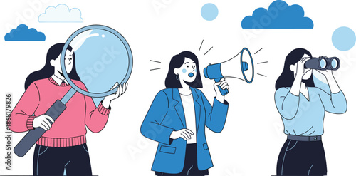 Women searching, announcing and observing using magnifying glass, megaphone and binoculars concept isolated on white flat vector illustration