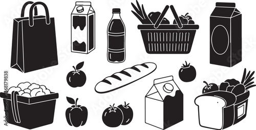 Grocery shopping illustration with various food items and bags