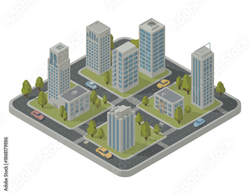 Isometric city with skyscrapers, roads, cars, and trees