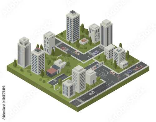 Isometric city with skyscrapers, roads, and cars