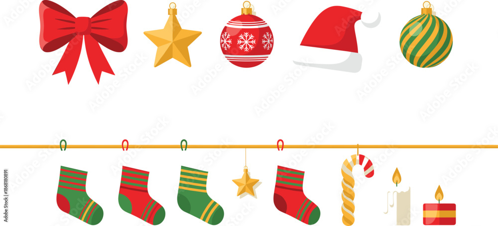 Fototapeta premium Christmas decoration elements set with bow, ornaments, stockings, candles and Santa hat isolated on white flat vector illustration