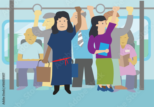 Passengers crowd a bus or metro railway to go to work or go home. Editable Clip Art. 