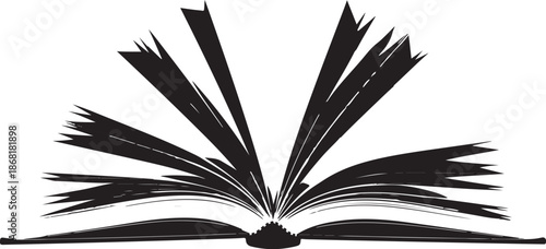 Open book on black background with pages and text representing education and knowledge