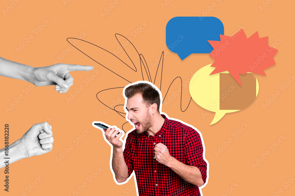 Ταπετσαρία 3d zine full image art collage of angry man scream phone hands point bullying bl
