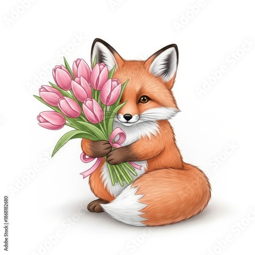 A cute fox with a bouquet of tulips in a delicate pastel illustration. AI generated.
